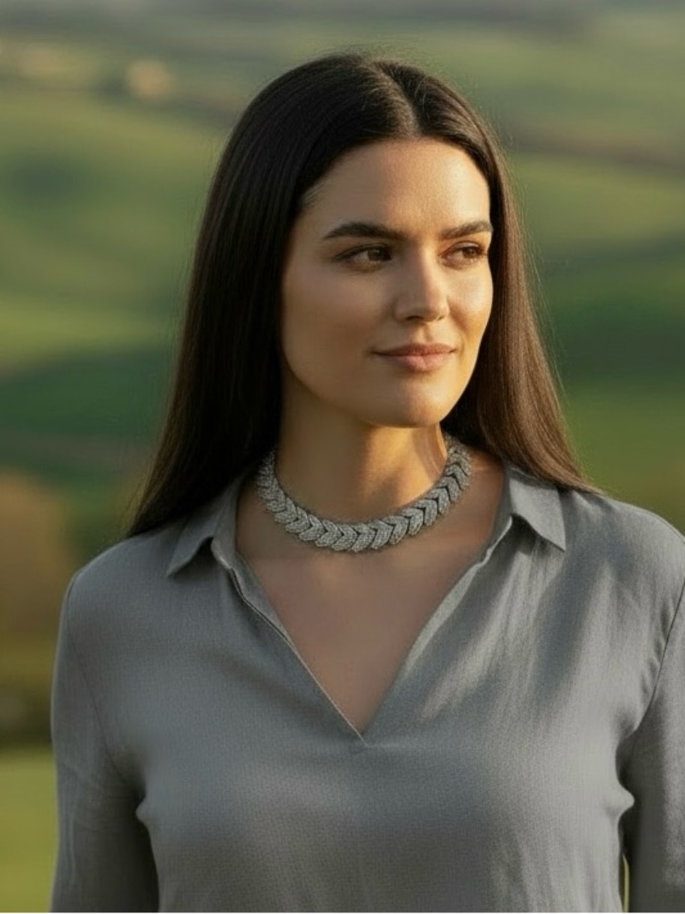 Unique Silver Herringbone Link Chocker Necklace, OE Pearl